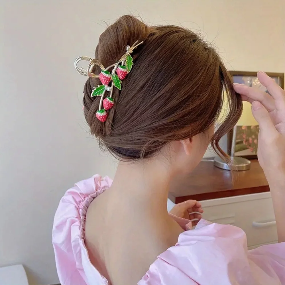 Strawberry Hair Clip Pink Enameled And Pearls Clip Gold Tone Metal